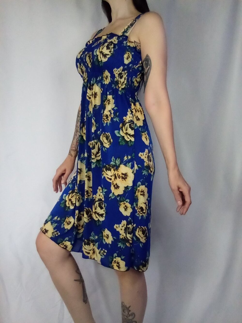 Blue Smocked Dress with Yellow Floral Print.